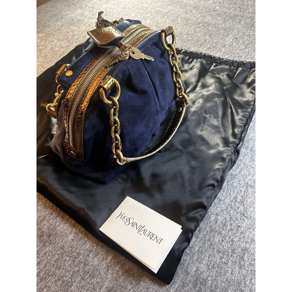 $1780 New Gorgeous YSL Saint Laurent Suede Blue Small 2 Hands Bag Italy VTG 2007